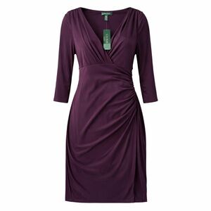 Lauren Ralph Lauren Plum Ruched Faux Wrap Dress Size 10 Stretch Midi NWT